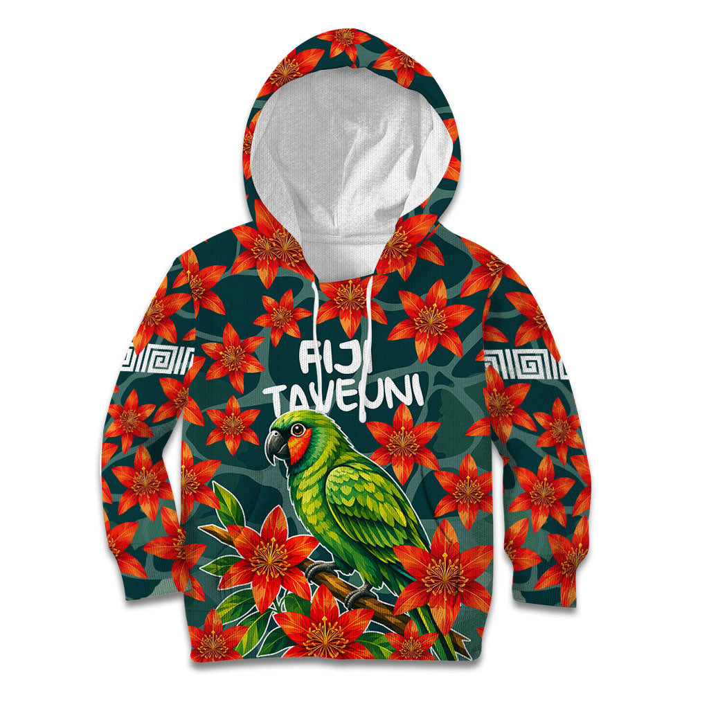 Fiji Taveuni Parrot Kid Hoodie Tropical Waterfall Landscape With Floral Tribal Pattern TS04 Hoodie Green Orange - Polynesian Pride