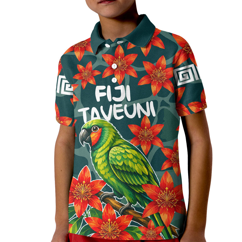 Fiji Taveuni Parrot Kid Polo Shirt Tropical Waterfall Landscape With Floral Tribal Pattern TS04 Kid Green Orange - Polynesian Pride
