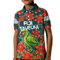 Fiji Taveuni Parrot Kid Polo Shirt Tropical Waterfall Landscape With Floral Tribal Pattern TS04 Kid Green Orange - Polynesian Pride