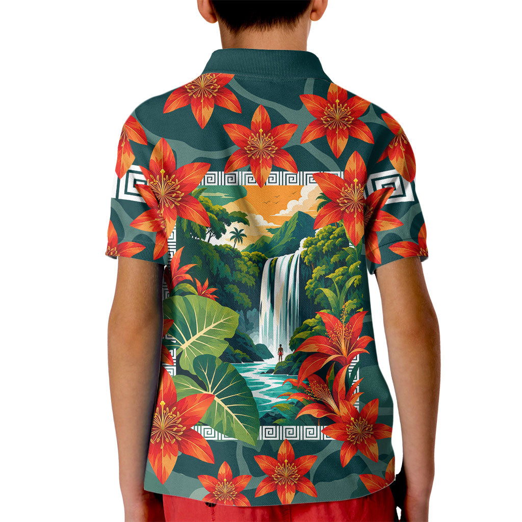 Fiji Taveuni Parrot Kid Polo Shirt Tropical Waterfall Landscape With Floral Tribal Pattern TS04 - Polynesian Pride