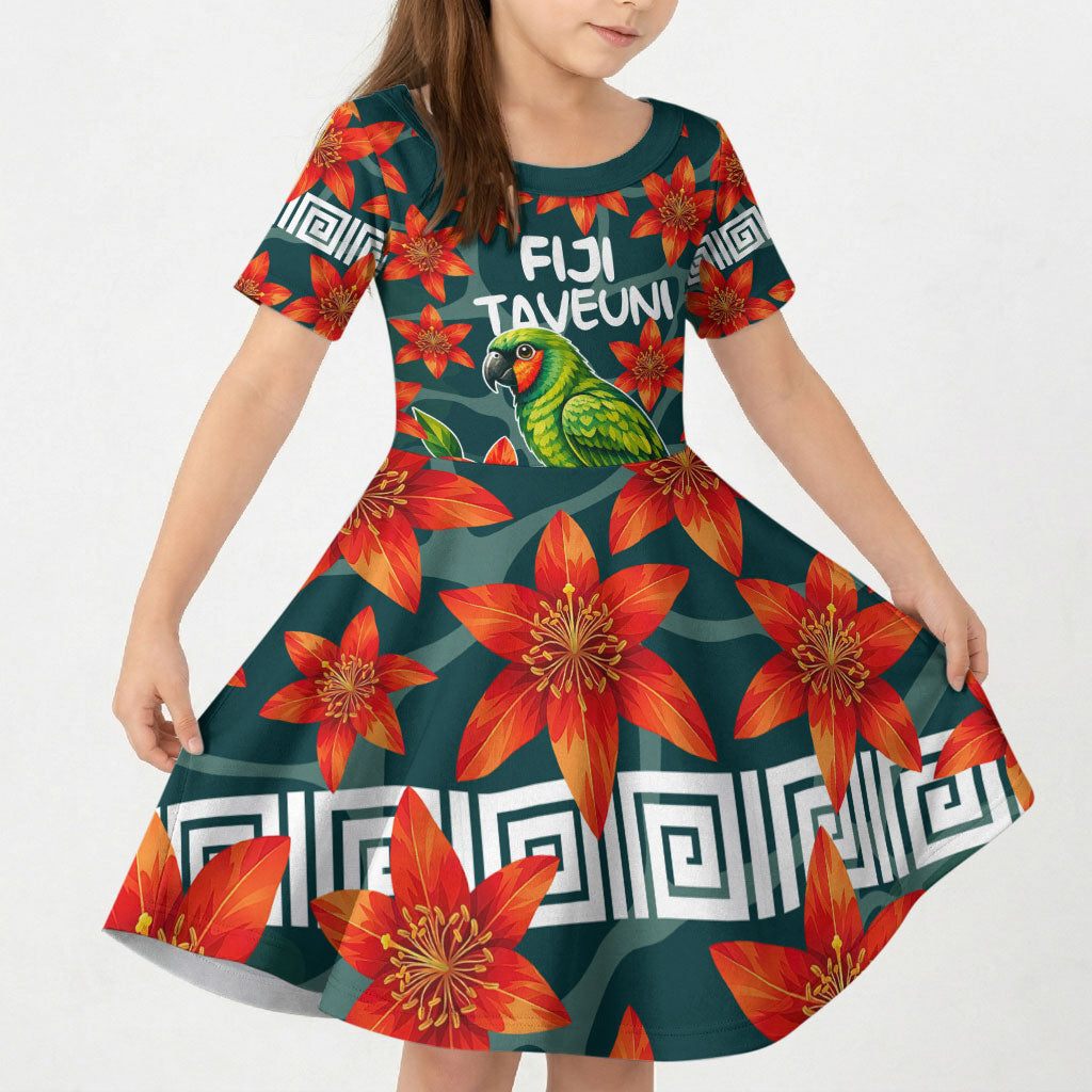 Fiji Taveuni Parrot Kid Short Sleeve Dress Tropical Waterfall Landscape With Floral Tribal Pattern TS04 KID Green Orange - Polynesian Pride