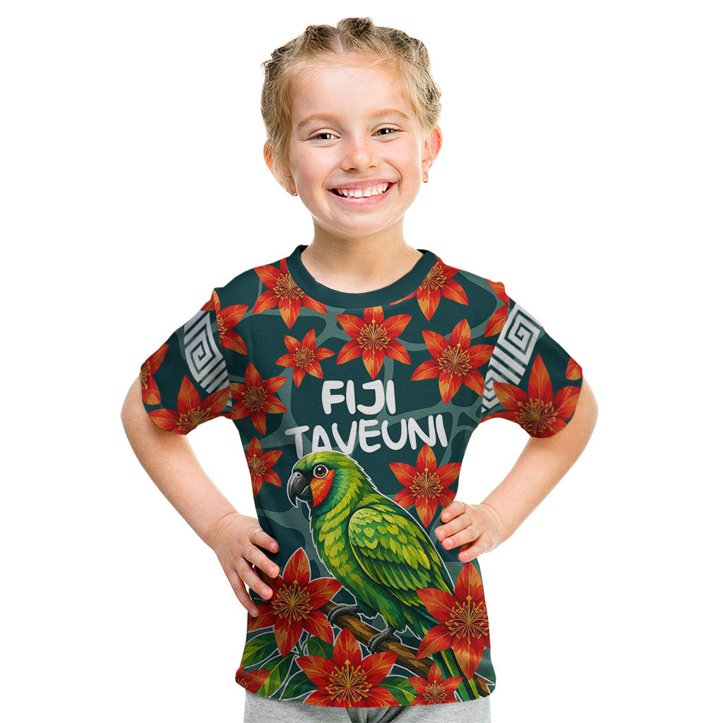 Fiji Taveuni Parrot Kid T Shirt Tropical Waterfall Landscape With Floral Tribal Pattern TS04 Green Orange - Polynesian Pride