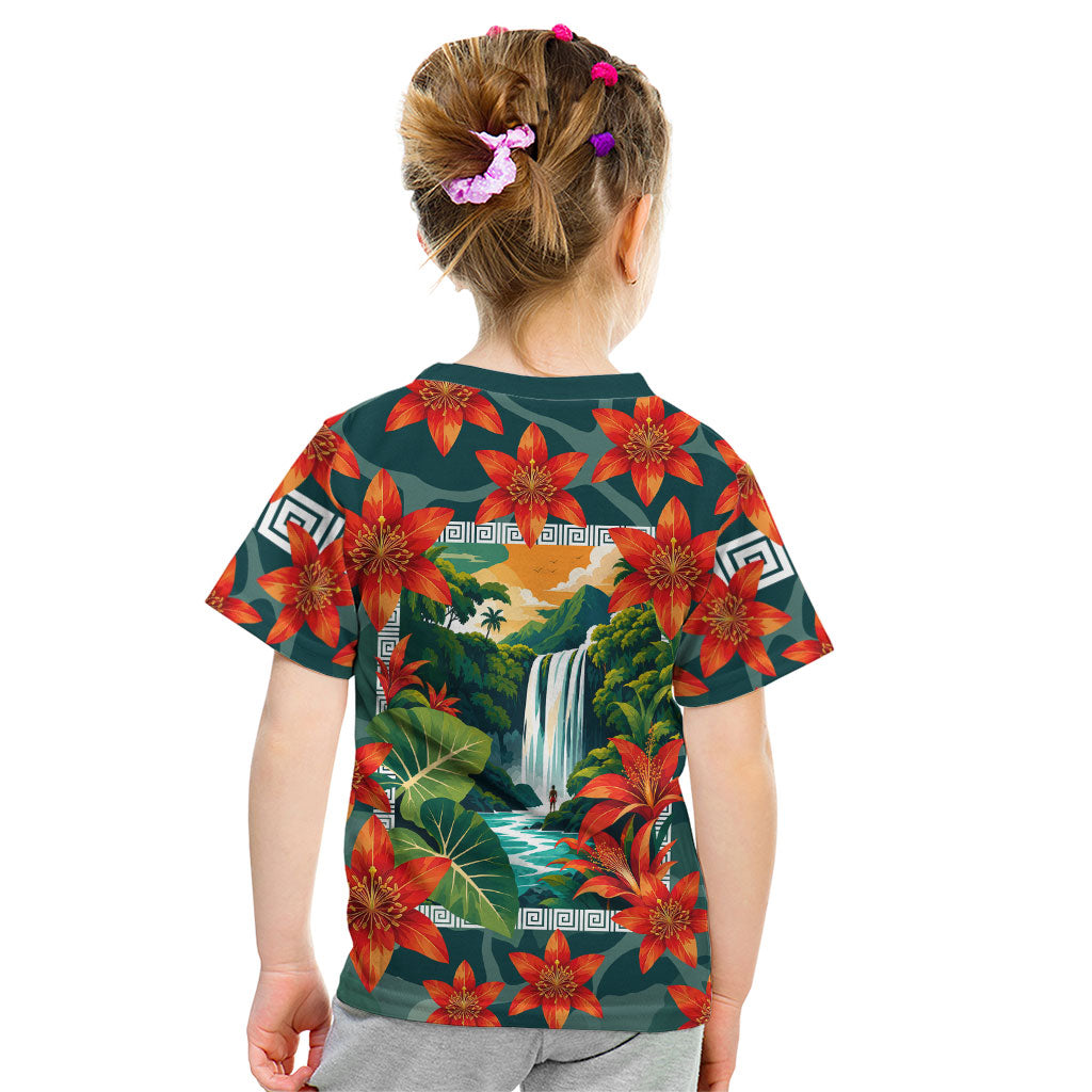 Fiji Taveuni Parrot Kid T Shirt Tropical Waterfall Landscape With Floral Tribal Pattern TS04 - Polynesian Pride