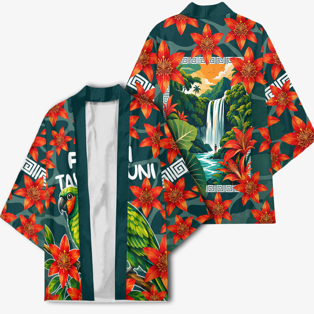 Fiji Taveuni Parrot Kimono Tropical Waterfall Landscape With Floral Tribal Pattern TS04 - Polynesian Pride