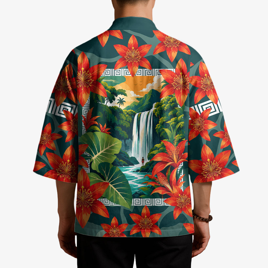 Fiji Taveuni Parrot Kimono Tropical Waterfall Landscape With Floral Tribal Pattern TS04 - Polynesian Pride
