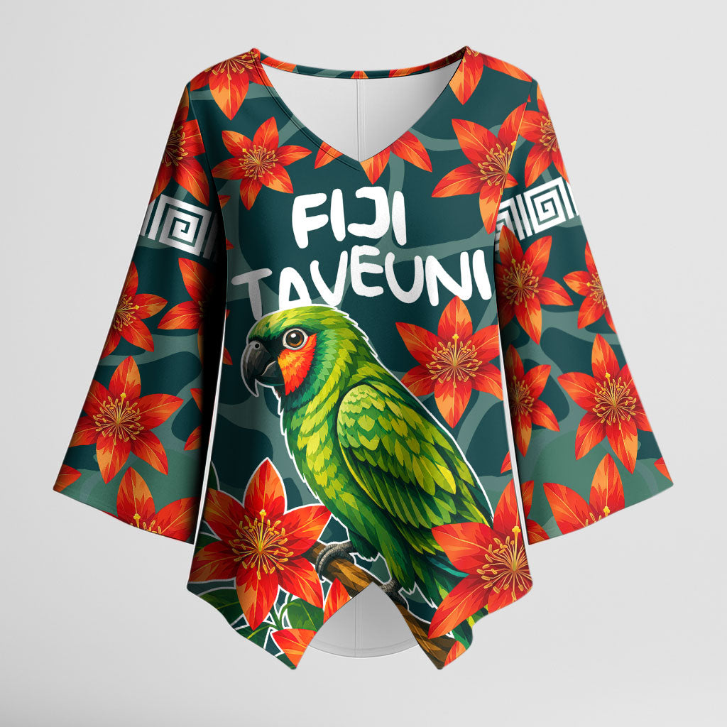 Fiji Taveuni Parrot Kimono Sleeve Blouse Tropical Waterfall Landscape With Floral Tribal Pattern TS04 Female Green Orange - Polynesian Pride