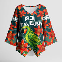 Fiji Taveuni Parrot Kimono Sleeve Blouse Tropical Waterfall Landscape With Floral Tribal Pattern TS04 Female Green Orange - Polynesian Pride