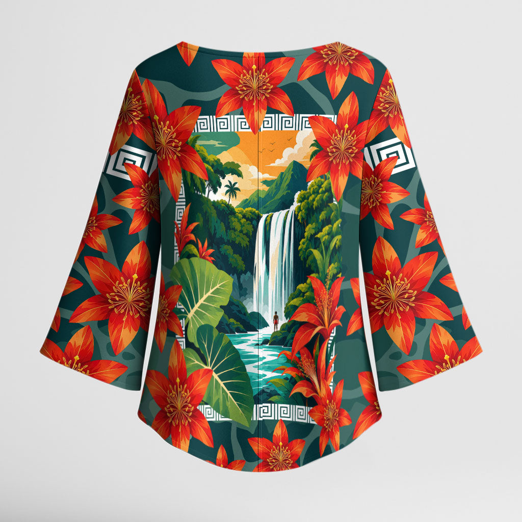 Fiji Taveuni Parrot Kimono Sleeve Blouse Tropical Waterfall Landscape With Floral Tribal Pattern TS04 - Polynesian Pride