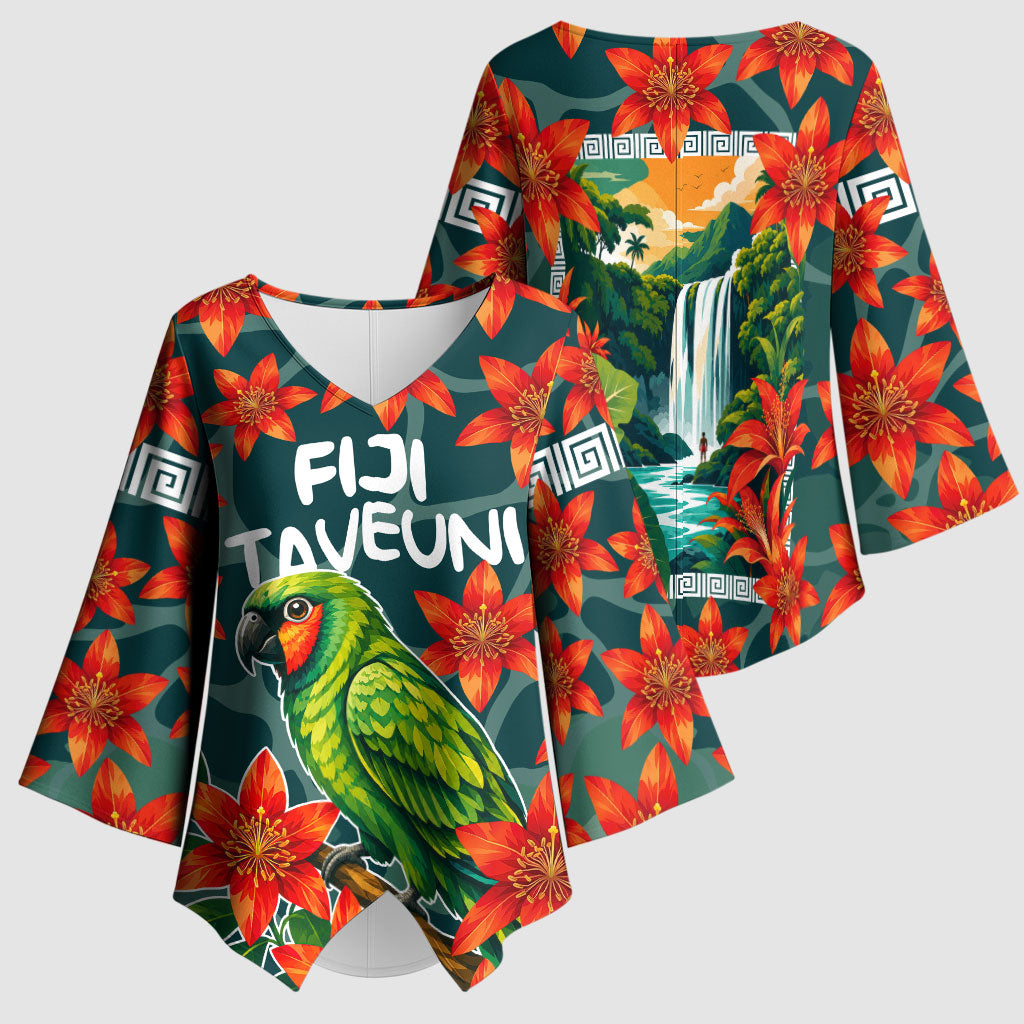 Fiji Taveuni Parrot Kimono Sleeve Blouse Tropical Waterfall Landscape With Floral Tribal Pattern TS04 - Polynesian Pride