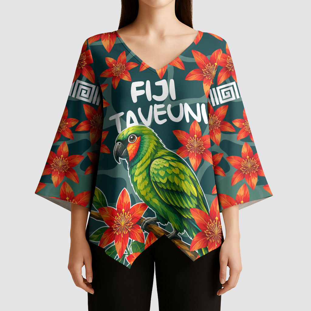 Fiji Taveuni Parrot Kimono Sleeve Blouse Tropical Waterfall Landscape With Floral Tribal Pattern TS04 - Polynesian Pride