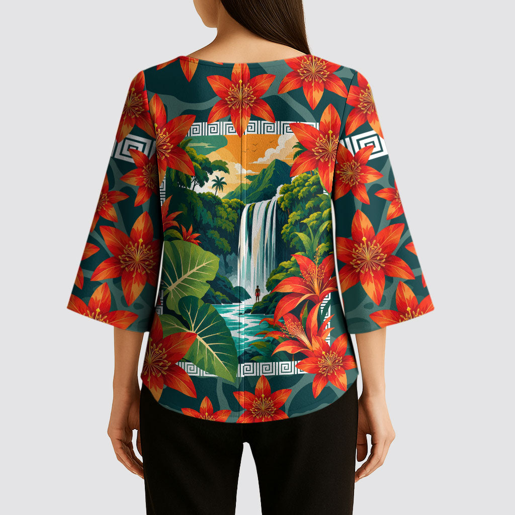 Fiji Taveuni Parrot Kimono Sleeve Blouse Tropical Waterfall Landscape With Floral Tribal Pattern TS04 - Polynesian Pride