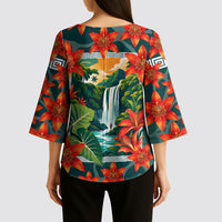 Fiji Taveuni Parrot Kimono Sleeve Blouse Tropical Waterfall Landscape With Floral Tribal Pattern TS04 - Polynesian Pride