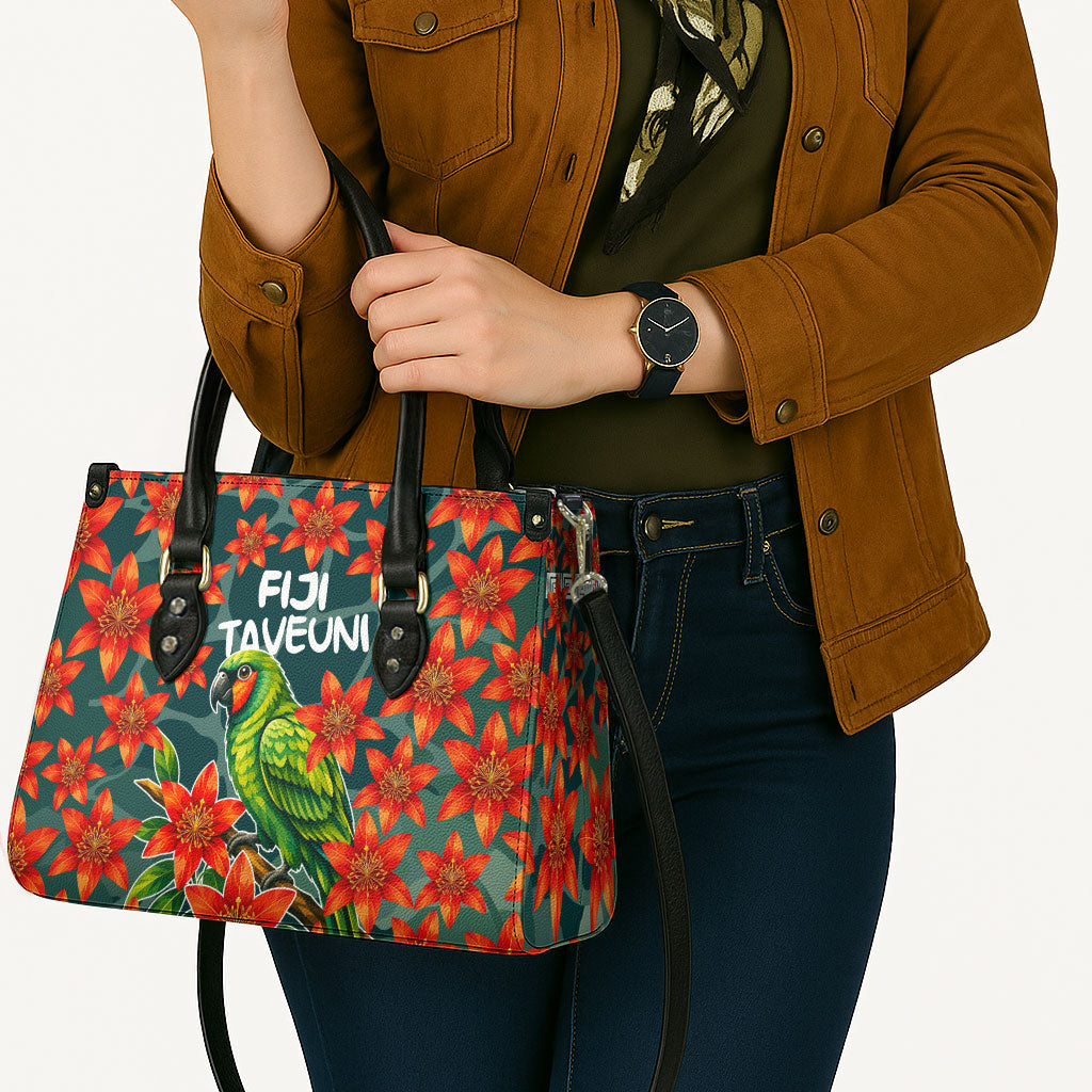 Fiji Taveuni Parrot Leather Bag Tropical Waterfall Landscape With Floral Tribal Pattern TS04 - Polynesian Pride