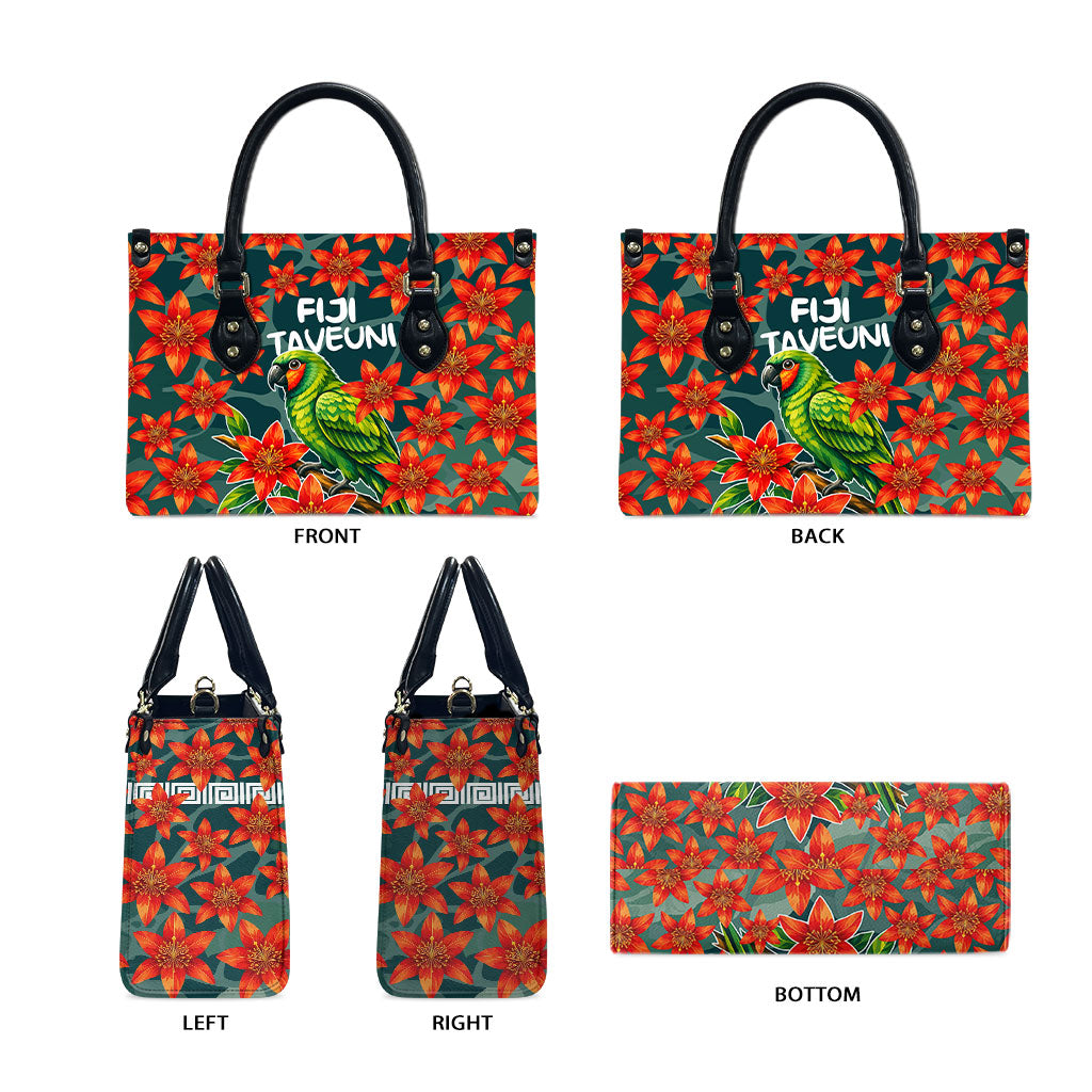 Fiji Taveuni Parrot Leather Bag Tropical Waterfall Landscape With Floral Tribal Pattern TS04 - Polynesian Pride