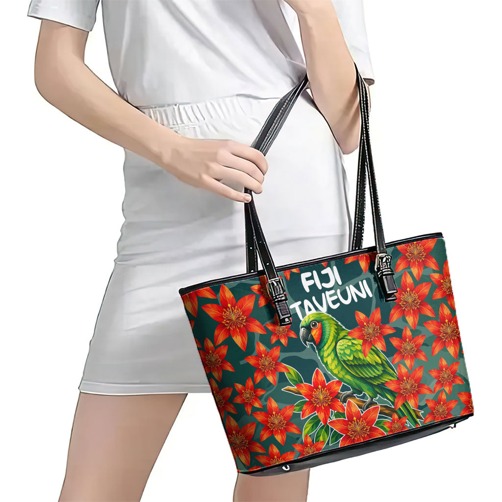 Fiji Taveuni Parrot Leather Tote Bag Tropical Waterfall Landscape With Floral Tribal Pattern TS04 - Polynesian Pride
