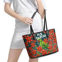 Fiji Taveuni Parrot Leather Tote Bag Tropical Waterfall Landscape With Floral Tribal Pattern TS04 - Polynesian Pride