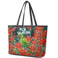 Fiji Taveuni Parrot Leather Tote Bag Tropical Waterfall Landscape With Floral Tribal Pattern TS04 - Polynesian Pride