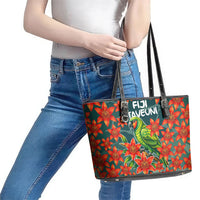 Fiji Taveuni Parrot Leather Tote Bag Tropical Waterfall Landscape With Floral Tribal Pattern TS04 - Polynesian Pride