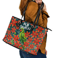 Fiji Taveuni Parrot Leather Tote Bag Tropical Waterfall Landscape With Floral Tribal Pattern TS04 - Polynesian Pride