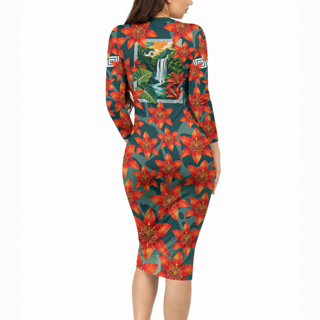 Fiji Taveuni Parrot Long Sleeve Bodycon Dress Tropical Waterfall Landscape With Floral Tribal Pattern TS04 - Polynesian Pride