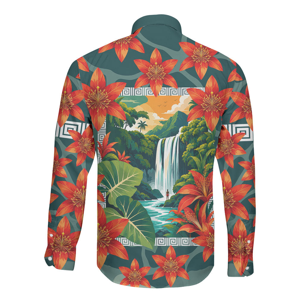 Fiji Taveuni Parrot Long Sleeve Button Shirt Tropical Waterfall Landscape With Floral Tribal Pattern TS04 - Polynesian Pride