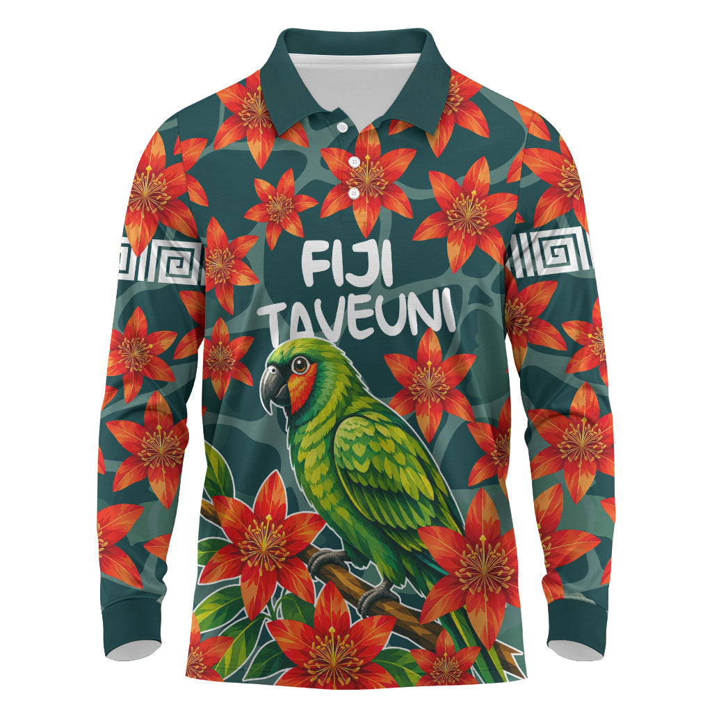 Fiji Taveuni Parrot Long Sleeve Polo Shirt Tropical Waterfall Landscape With Floral Tribal Pattern TS04 Green Orange - Polynesian Pride