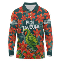 Fiji Taveuni Parrot Long Sleeve Polo Shirt Tropical Waterfall Landscape With Floral Tribal Pattern TS04 Green Orange - Polynesian Pride