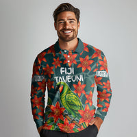 Fiji Taveuni Parrot Long Sleeve Polo Shirt Tropical Waterfall Landscape With Floral Tribal Pattern TS04 - Polynesian Pride