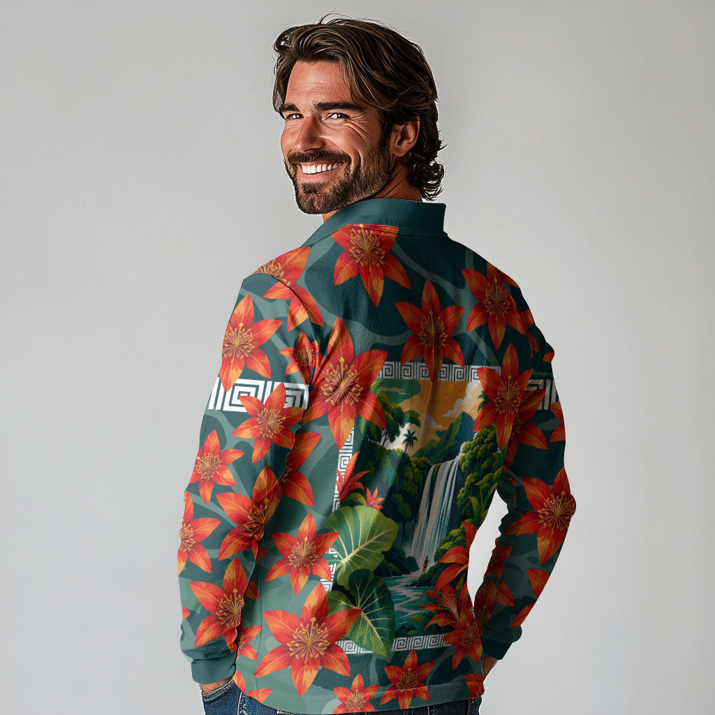 Fiji Taveuni Parrot Long Sleeve Polo Shirt Tropical Waterfall Landscape With Floral Tribal Pattern TS04 - Polynesian Pride