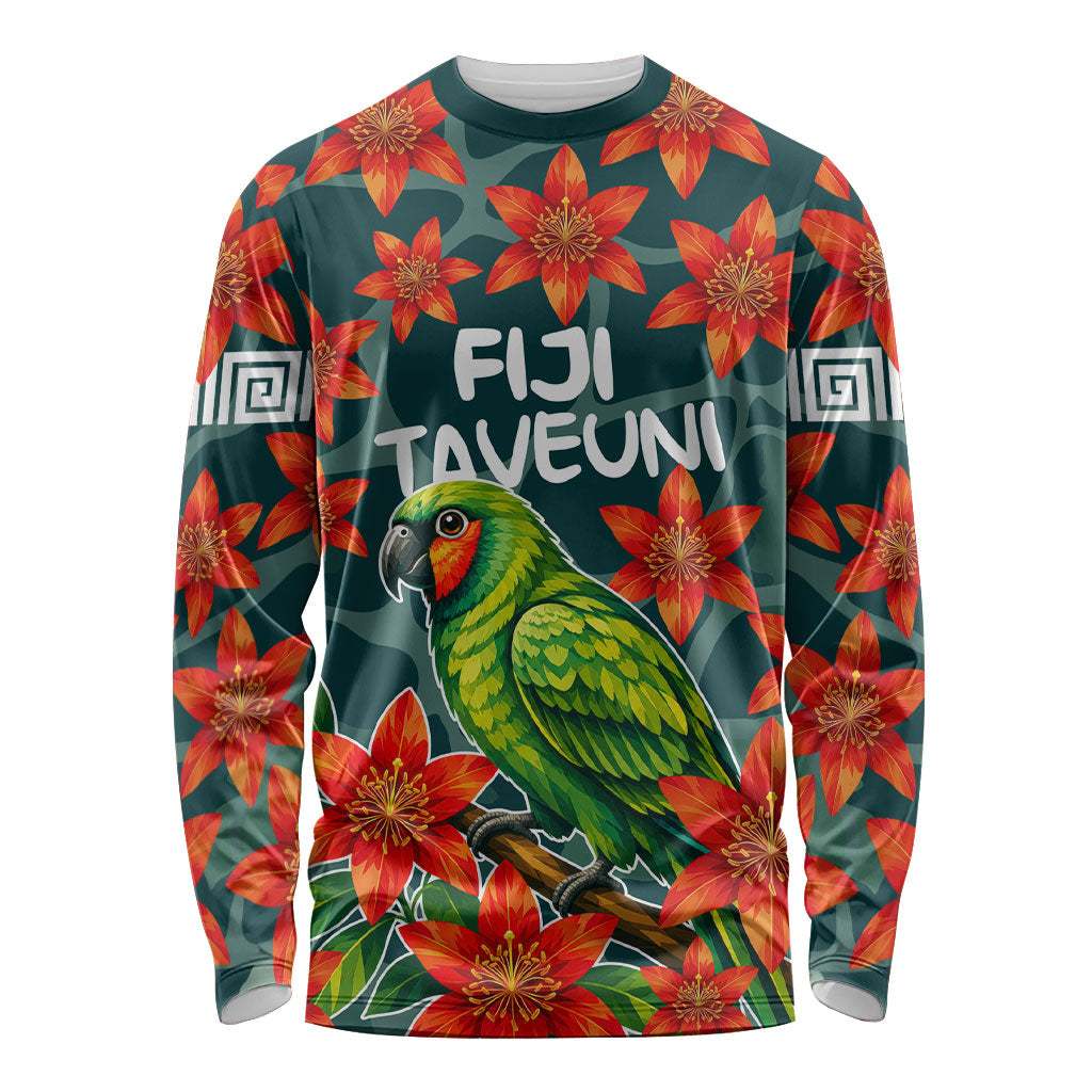 Fiji Taveuni Parrot Long Sleeve Shirt Tropical Waterfall Landscape With Floral Tribal Pattern TS04 Unisex Green Orange - Polynesian Pride