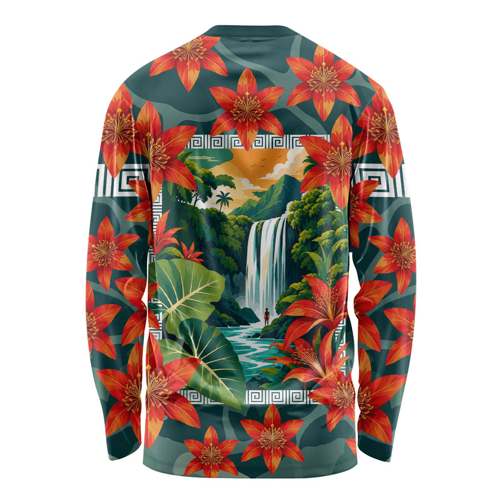 Fiji Taveuni Parrot Long Sleeve Shirt Tropical Waterfall Landscape With Floral Tribal Pattern TS04 - Polynesian Pride
