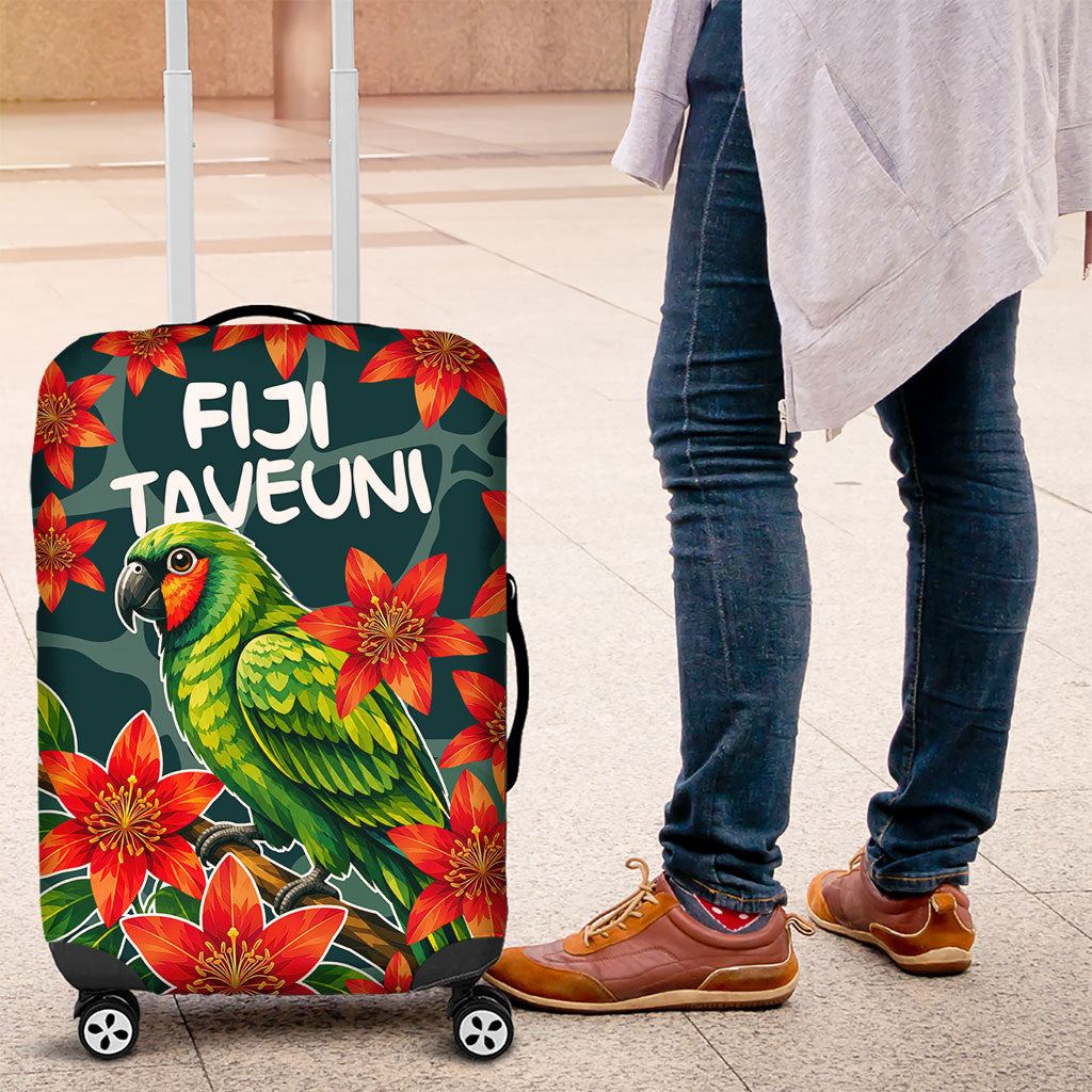 Fiji Taveuni Parrot Luggage Cover Tropical Waterfall Landscape With Floral Tribal Pattern TS04 Green Orange - Polynesian Pride