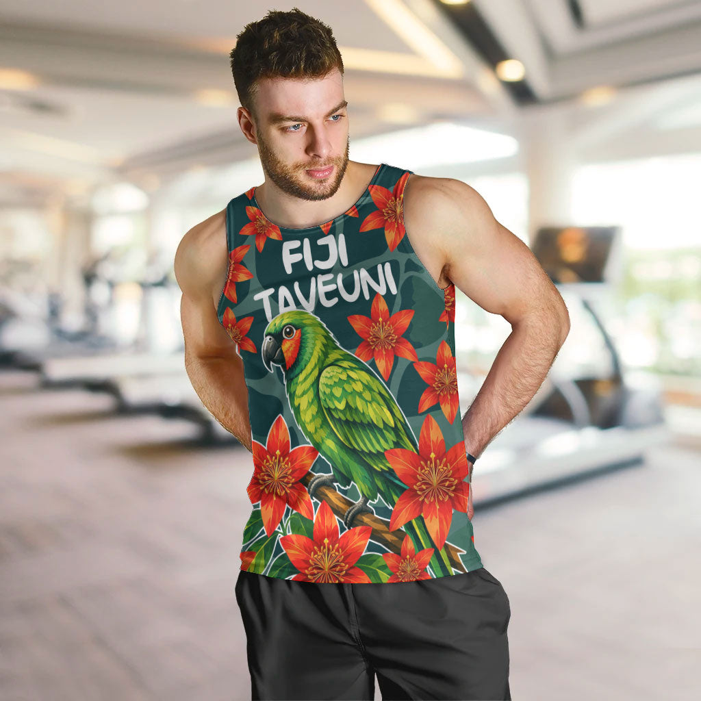 Fiji Taveuni Parrot Men Tank Top Tropical Waterfall Landscape With Floral Tribal Pattern TS04 Green Orange - Polynesian Pride
