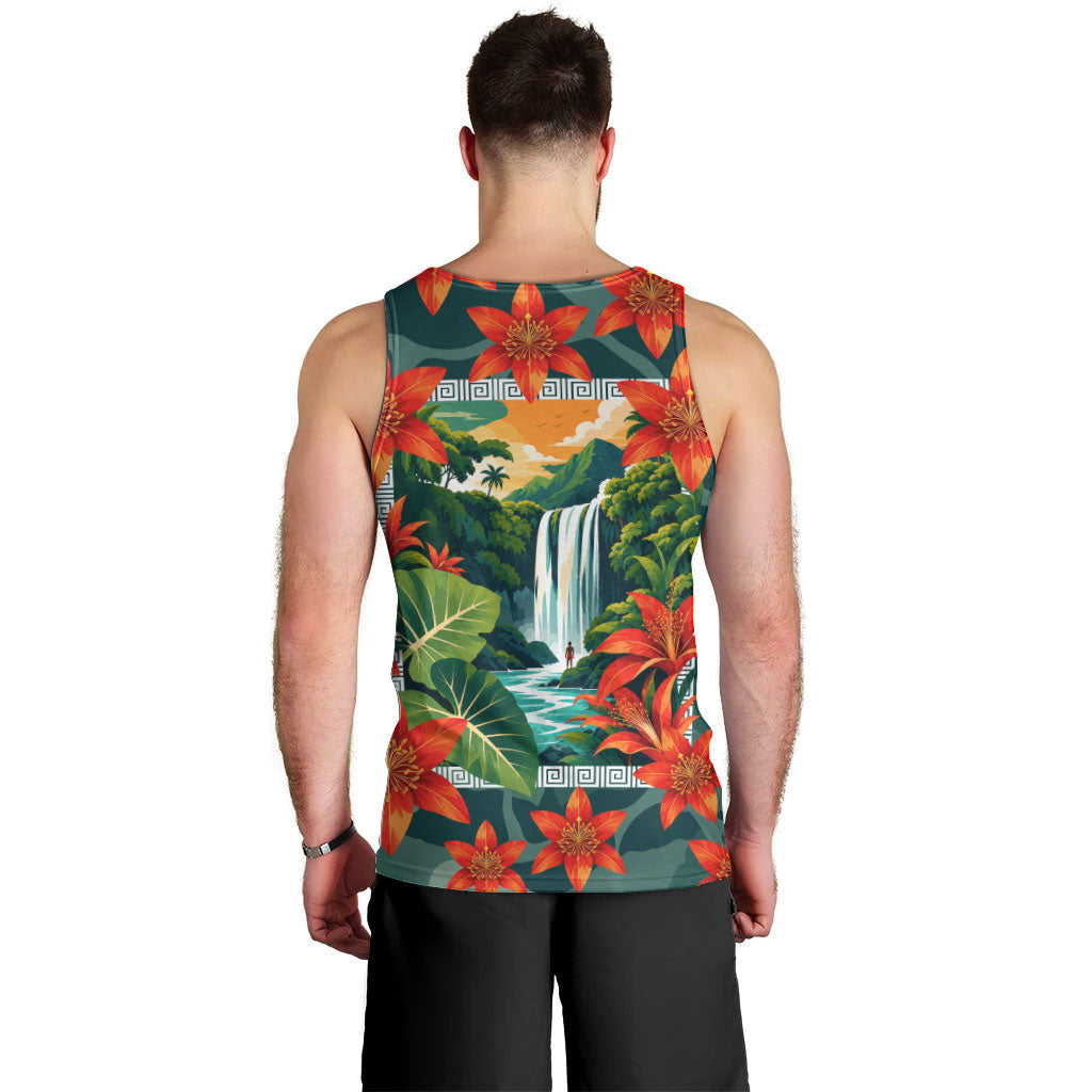Fiji Taveuni Parrot Men Tank Top Tropical Waterfall Landscape With Floral Tribal Pattern TS04 - Polynesian Pride