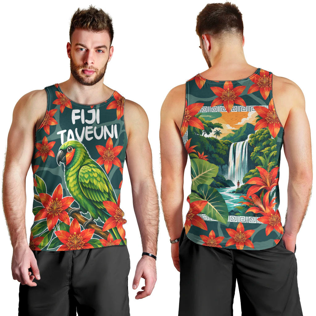 Fiji Taveuni Parrot Men Tank Top Tropical Waterfall Landscape With Floral Tribal Pattern TS04 - Polynesian Pride