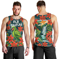 Fiji Taveuni Parrot Men Tank Top Tropical Waterfall Landscape With Floral Tribal Pattern TS04 - Polynesian Pride