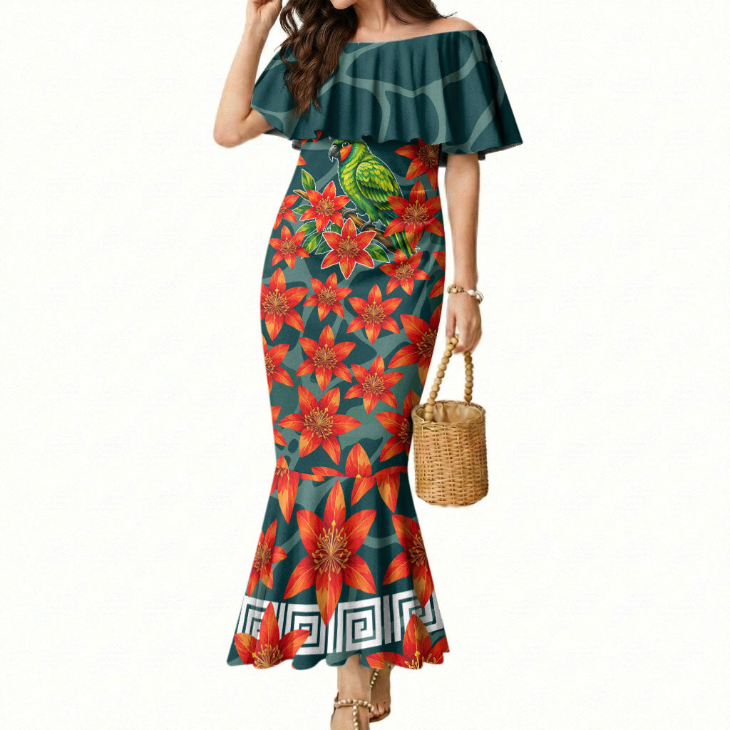 Fiji Taveuni Parrot Mermaid Dress Tropical Waterfall Landscape With Floral Tribal Pattern TS04 Women Green Orange - Polynesian Pride