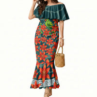 Fiji Taveuni Parrot Mermaid Dress Tropical Waterfall Landscape With Floral Tribal Pattern TS04 Women Green Orange - Polynesian Pride