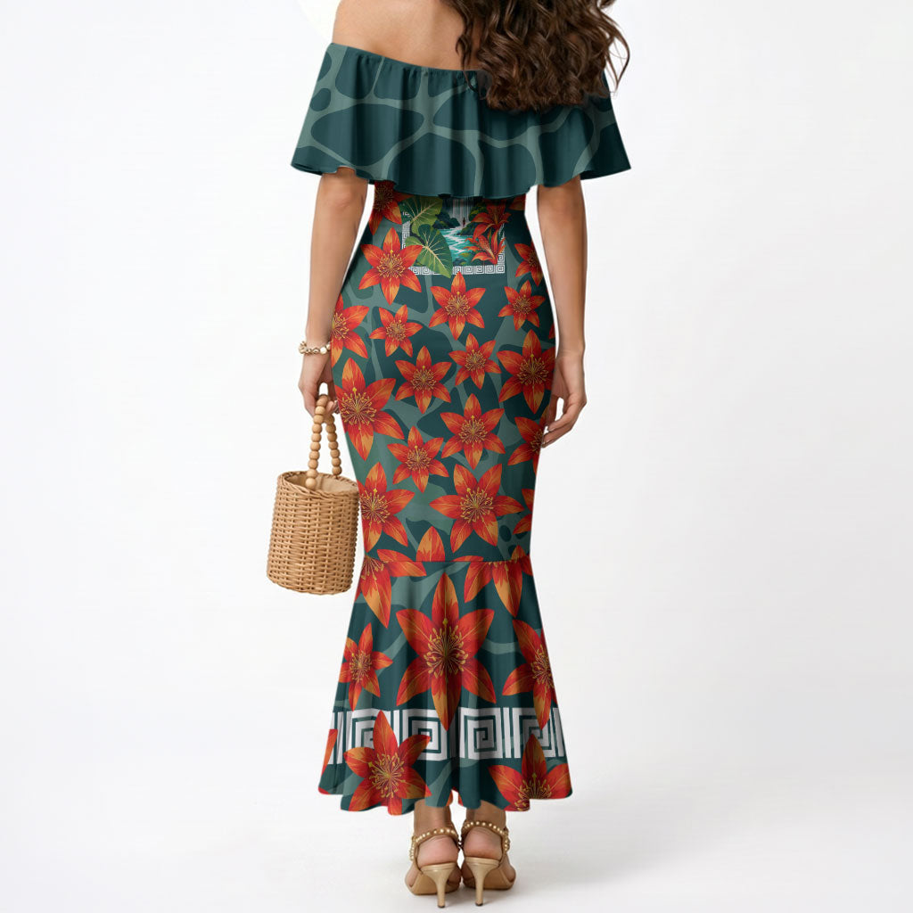 Fiji Taveuni Parrot Mermaid Dress Tropical Waterfall Landscape With Floral Tribal Pattern TS04 - Polynesian Pride