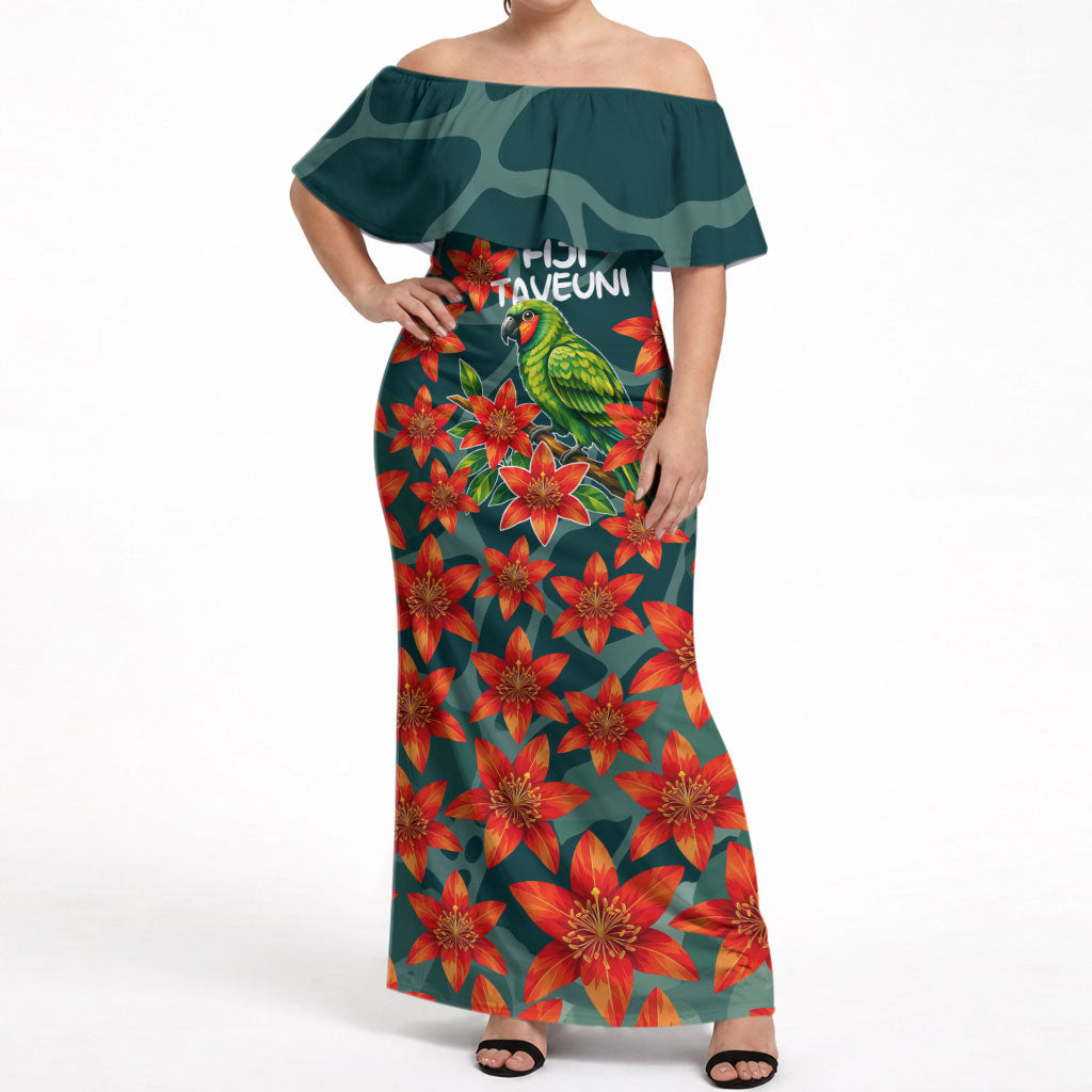 Fiji Taveuni Parrot Off Shoulder Maxi Dress Tropical Waterfall Landscape With Floral Tribal Pattern TS04 Women Green Orange - Polynesian Pride