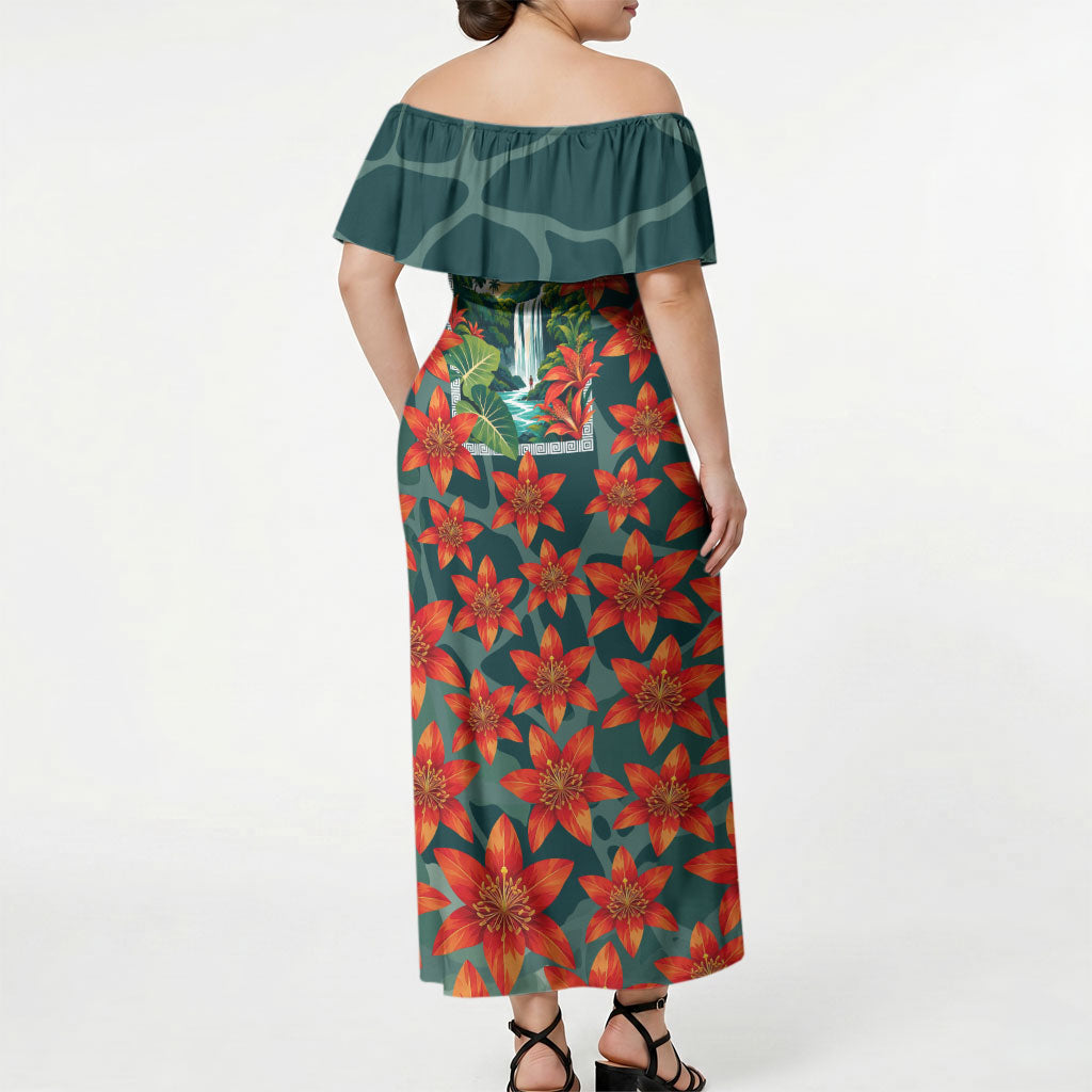Fiji Taveuni Parrot Off Shoulder Maxi Dress Tropical Waterfall Landscape With Floral Tribal Pattern TS04 - Polynesian Pride