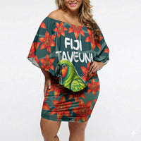 Fiji Taveuni Parrot Off Shoulder Short Dress Tropical Waterfall Landscape With Floral Tribal Pattern TS04 Women Green Orange - Polynesian Pride