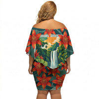 Fiji Taveuni Parrot Off Shoulder Short Dress Tropical Waterfall Landscape With Floral Tribal Pattern TS04 - Polynesian Pride