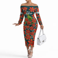 Fiji Taveuni Parrot Off The Shoulder Long Sleeve Dress Tropical Waterfall Landscape With Floral Tribal Pattern TS04 Women Green Orange - Polynesian Pride