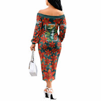 Fiji Taveuni Parrot Off The Shoulder Long Sleeve Dress Tropical Waterfall Landscape With Floral Tribal Pattern TS04 - Polynesian Pride