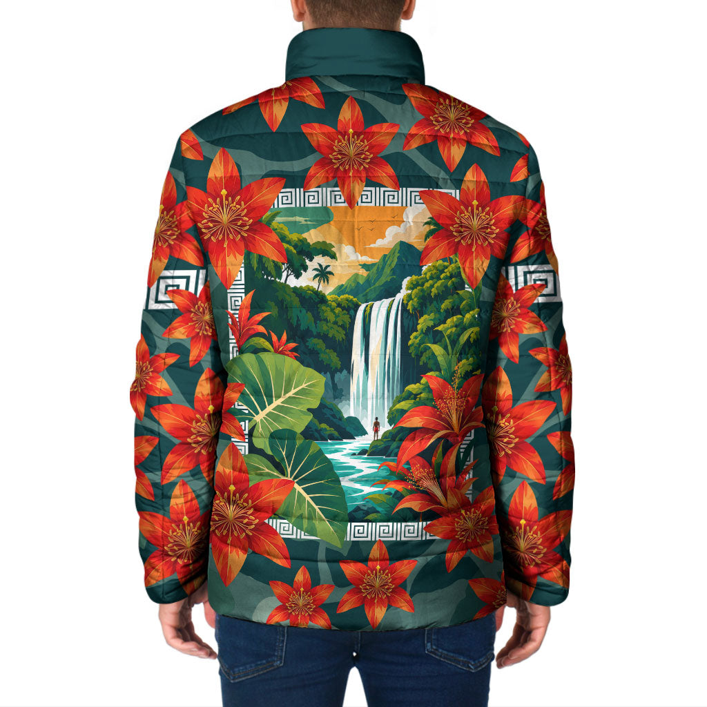 Fiji Taveuni Parrot Padded Jacket Tropical Waterfall Landscape With Floral Tribal Pattern TS04 - Polynesian Pride