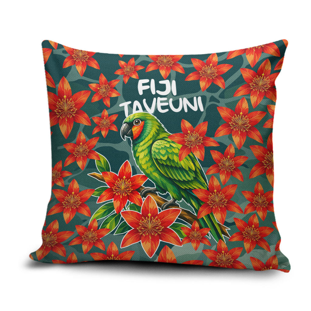 Fiji Taveuni Parrot Pillow Cover Tropical Waterfall Landscape With Floral Tribal Pattern TS04 Green Orange - Polynesian Pride