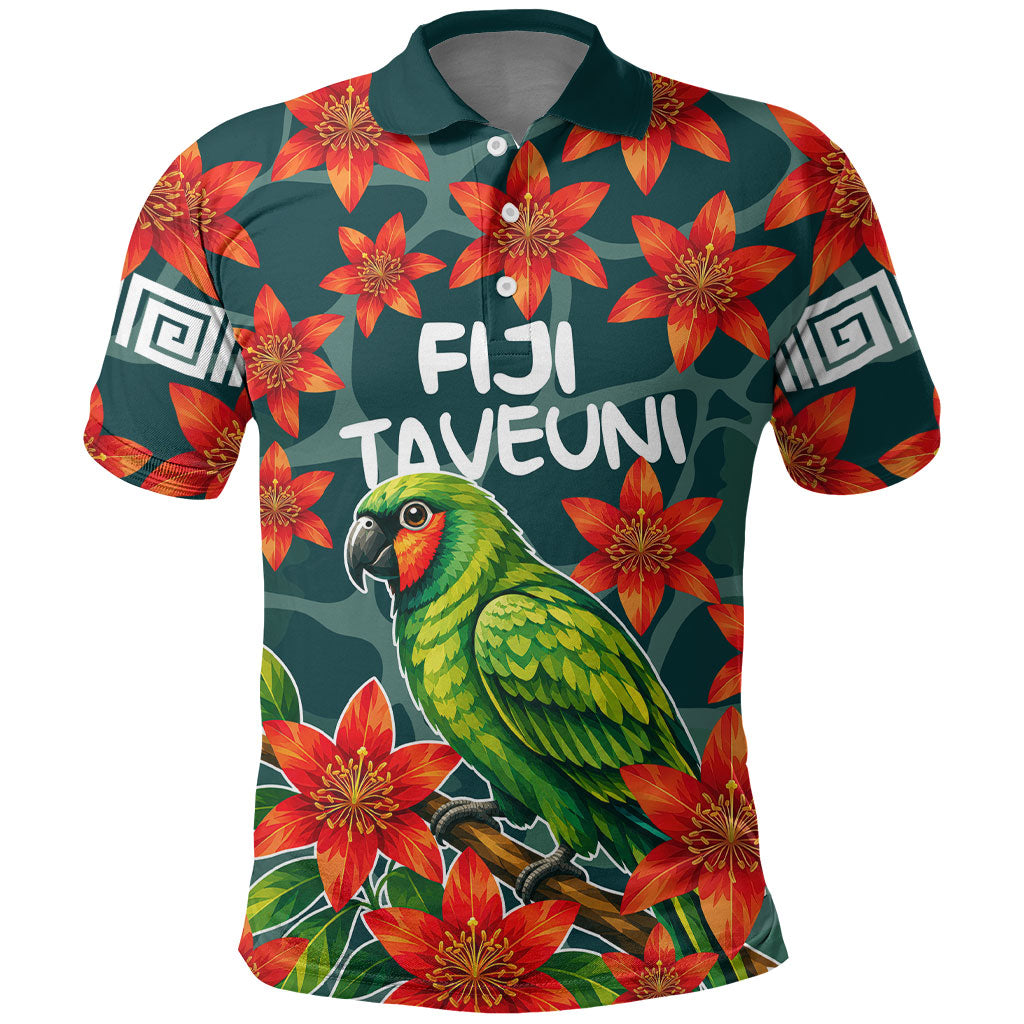 Fiji Taveuni Parrot Polo Shirt Tropical Waterfall Landscape With Floral Tribal Pattern TS04 Green Orange - Polynesian Pride