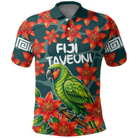 Fiji Taveuni Parrot Polo Shirt Tropical Waterfall Landscape With Floral Tribal Pattern TS04 Green Orange - Polynesian Pride