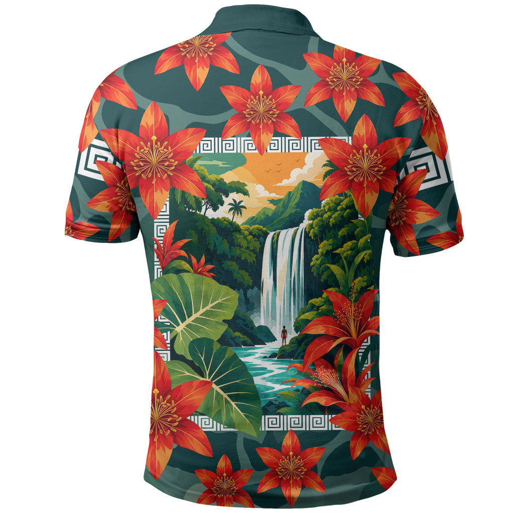 Fiji Taveuni Parrot Polo Shirt Tropical Waterfall Landscape With Floral Tribal Pattern TS04 - Polynesian Pride